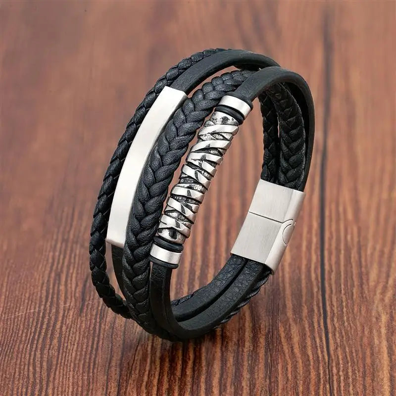 Men's Viking Multilayer Leather Bracelet – Stainless Steel Insert, Punk Bangle