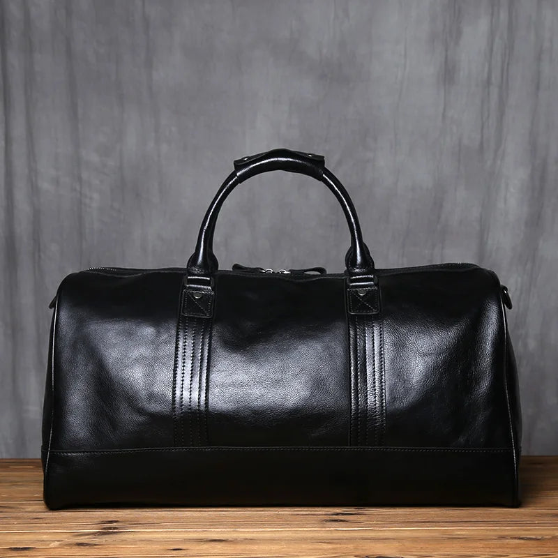 Men's Genuine Leather Travel Duffle Bag – Large Capacity Natural Cowhide, 16" Laptop, Weekend Bag