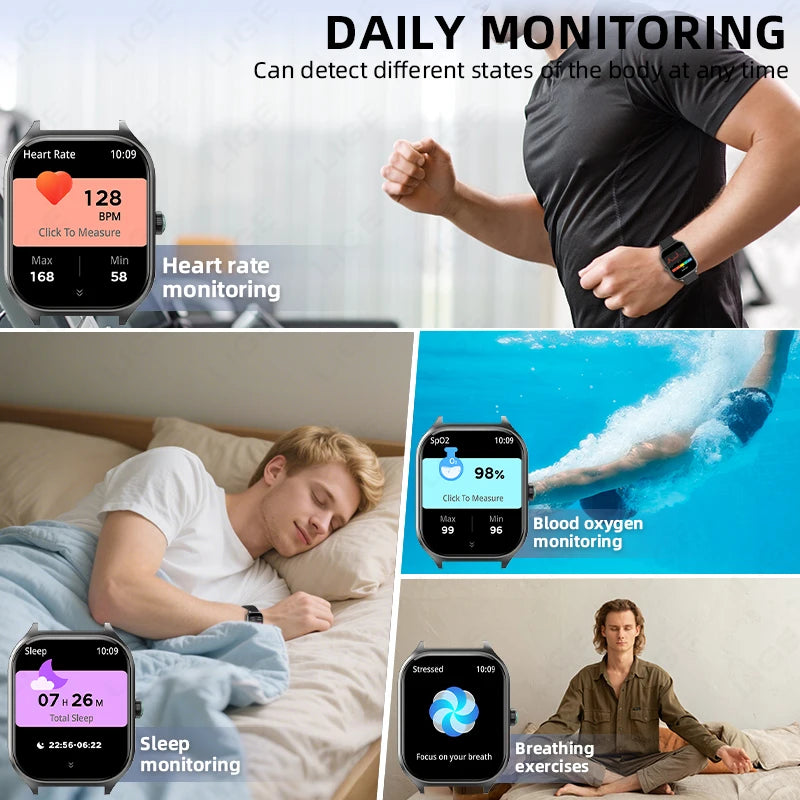 LIGE Smart Watch – 2.01" Display, 123+ Sport Modes, Bluetooth Calling, IP67