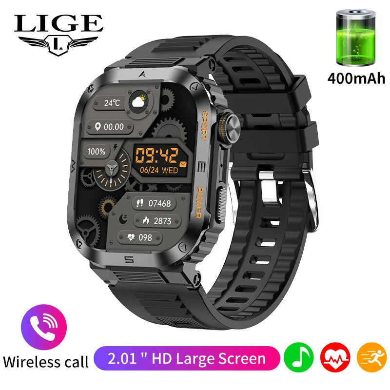 LIGE Military Smart Watch – 2.01" Display, Rugged IP68, 400mAh, Bluetooth Calling