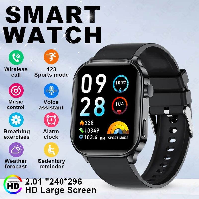 LIGE Smart Watch – 2.01" Display, IP68, Flashlight, 123 Sport Modes, Bluetooth Calling