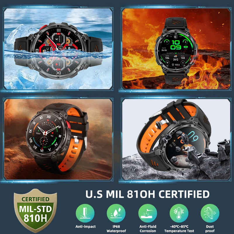 LIGE Military Smart Watch – 1100mAh, LED Flashlight, Compass, Bluetooth Calling, IP68