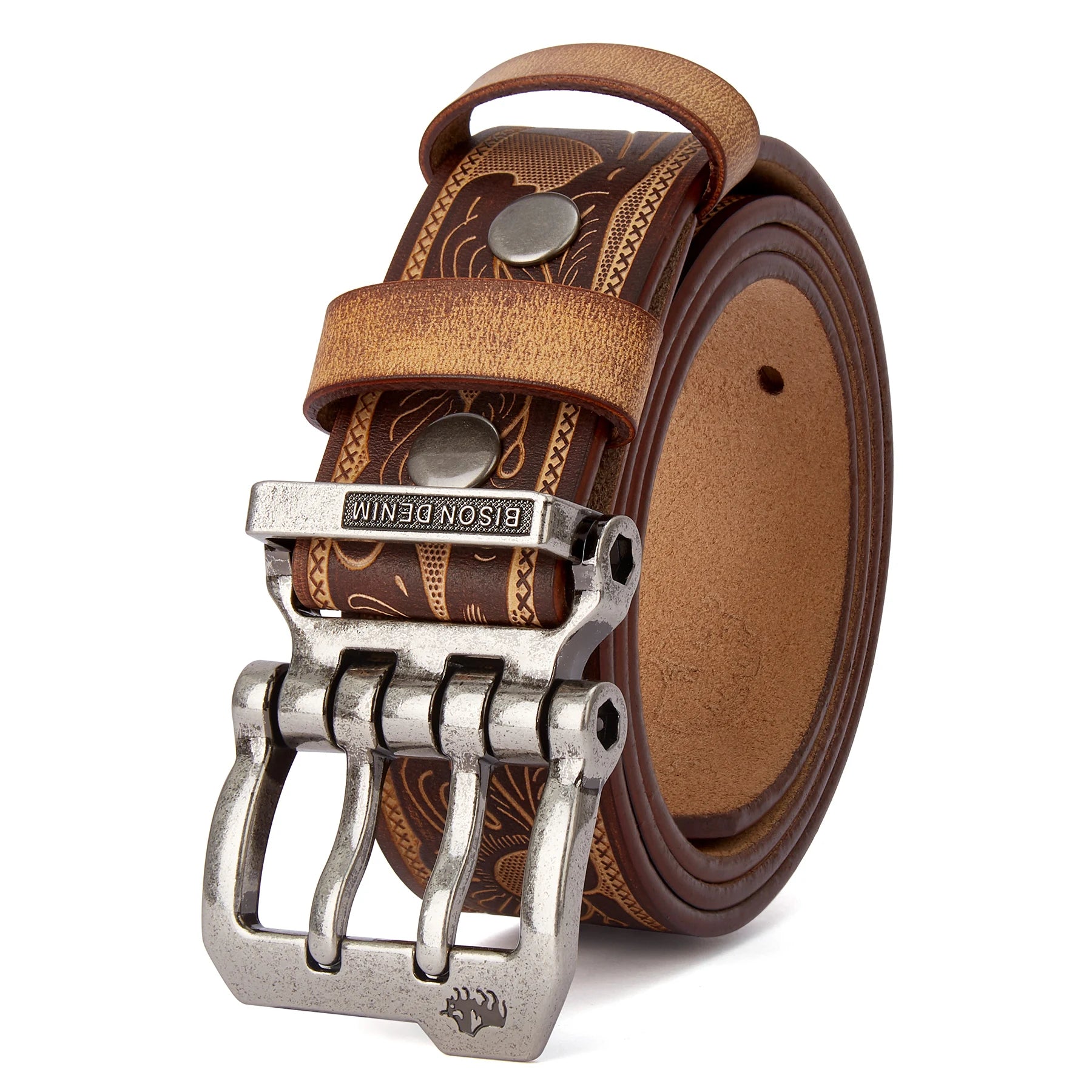 BISON DENIM Leather Pin Buckle Belt – Retro Style