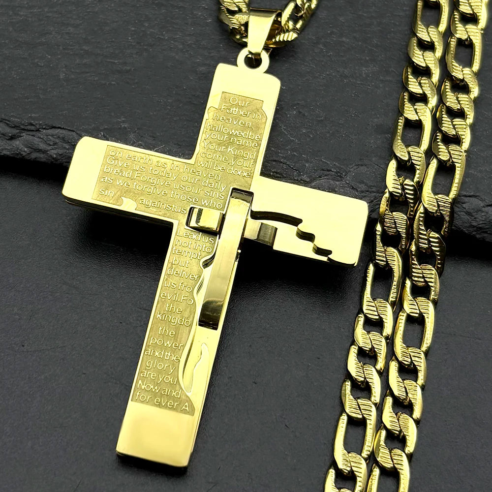 Christian English Bible Cross Pendant Chain Necklace for Women Men Stainless Steel Gold Color Punk Necklace Amulet Jewelry Gift