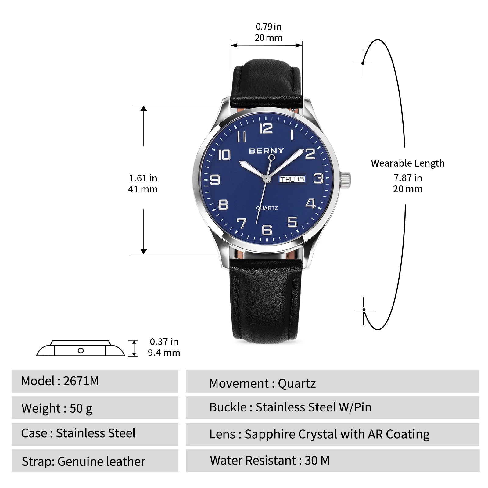 BERNY 2671M Business Dress Watch | Miyota 2105 | Genuine Leather | Day-Date