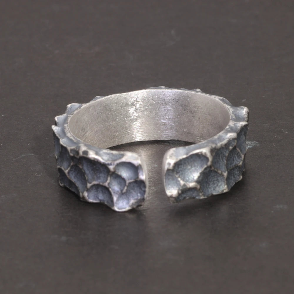 Real 925 Sterling Silver Mens Rings Open Type Hammer Pattern Retro Punk Viking Jewelry Resizable