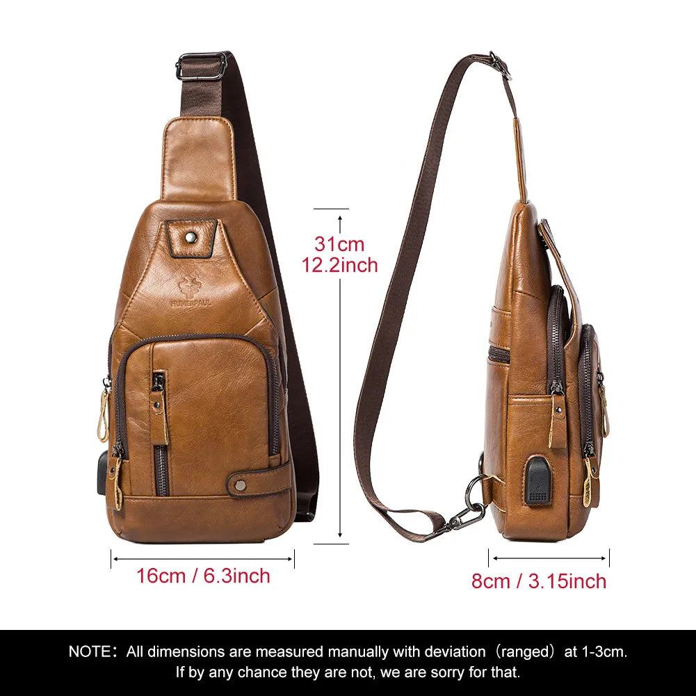 Genuine Leather Chest Bag for Men — USB Charging Crossbody & Shoulder Pack