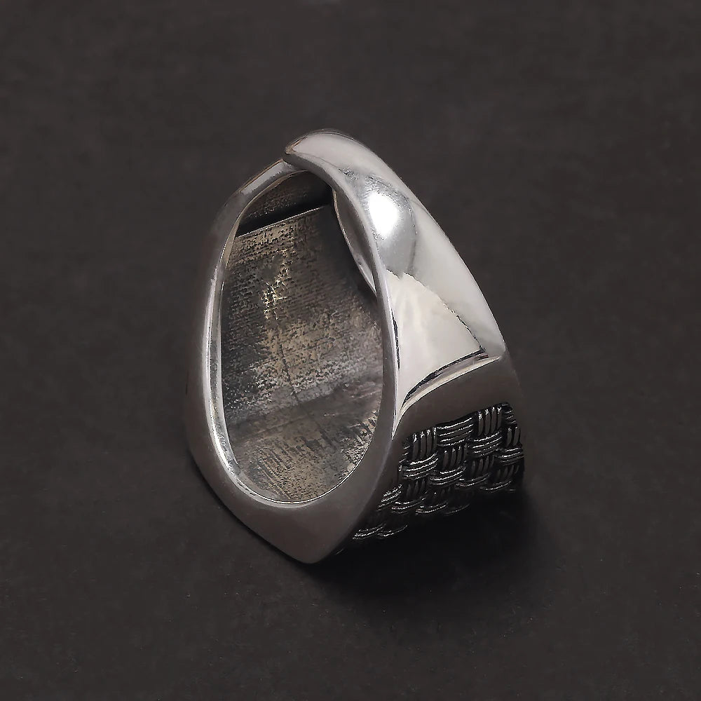 925 Sterling Silver Vintage Braided Square Statement Ring for Men Thai Silver Retro Cool Punk Fashion Jewelry Accessories