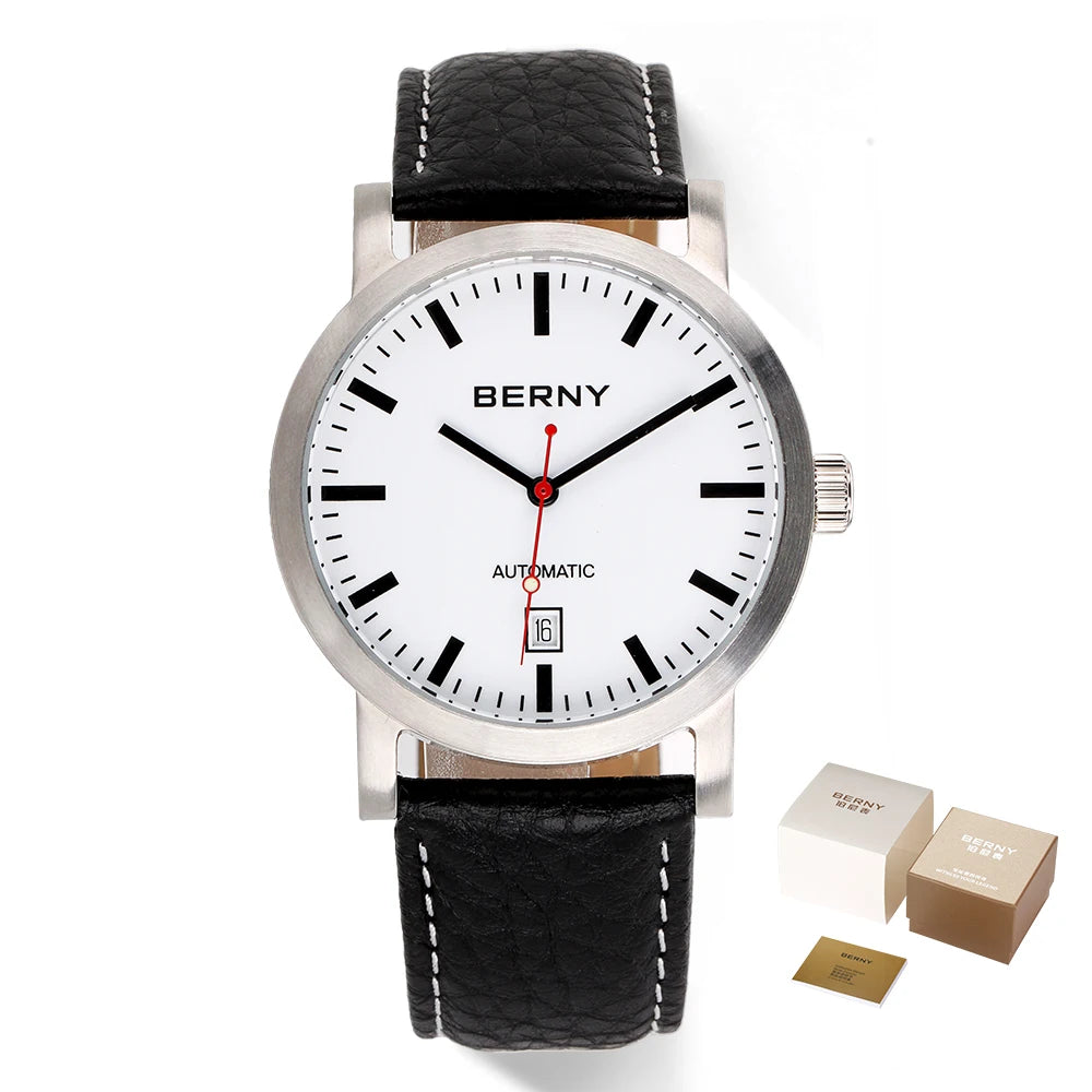 BERNY AM038M Automatic Watch – Seagull ST1612, Sapphire Crystal, Leather Strap, 50m Water Resistant