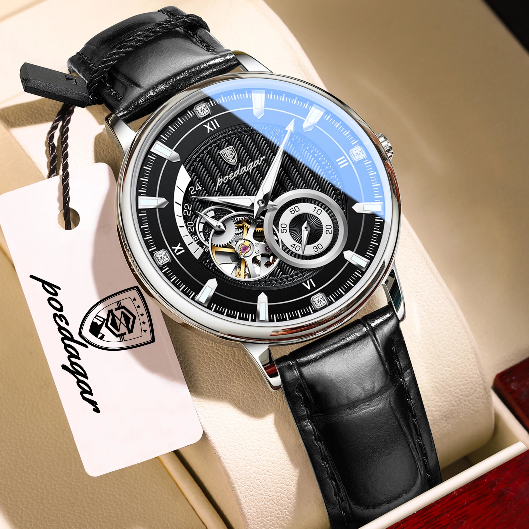POEDAGAR Business Men Watch Waterproof Luminous Hollow Tourbillon Leather Male Clock Fashion Automatic Mechanical Men's Watches