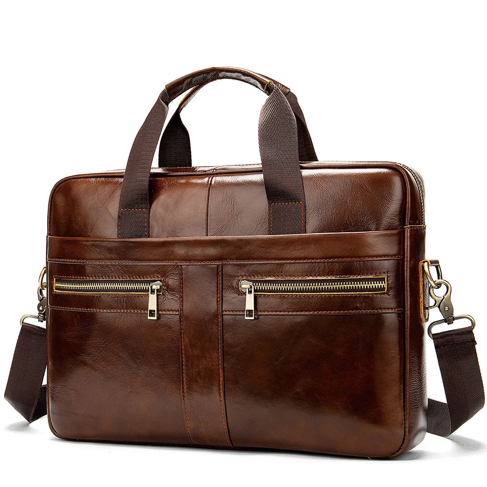 Top-Grain Cowhide Leather Briefcase | Business Laptop Bag with Shoulder Strap