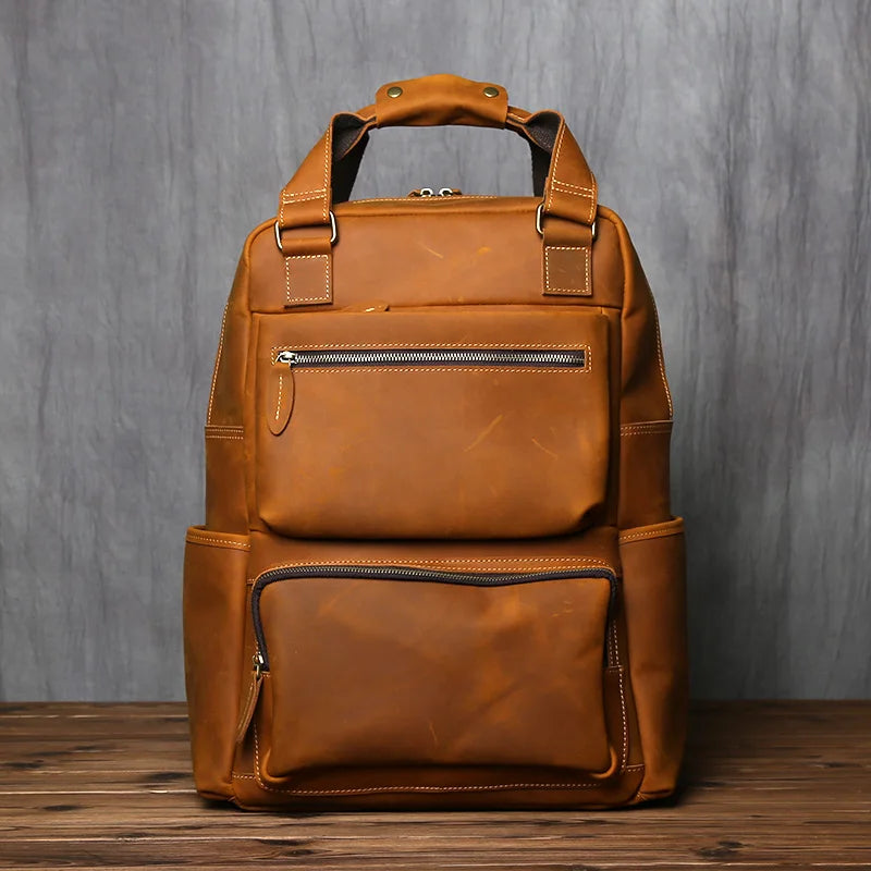 Men's Crazy Horse Leather Backpack – Retro Top-Layer Cowhide, 17" Laptop, Large Capacity