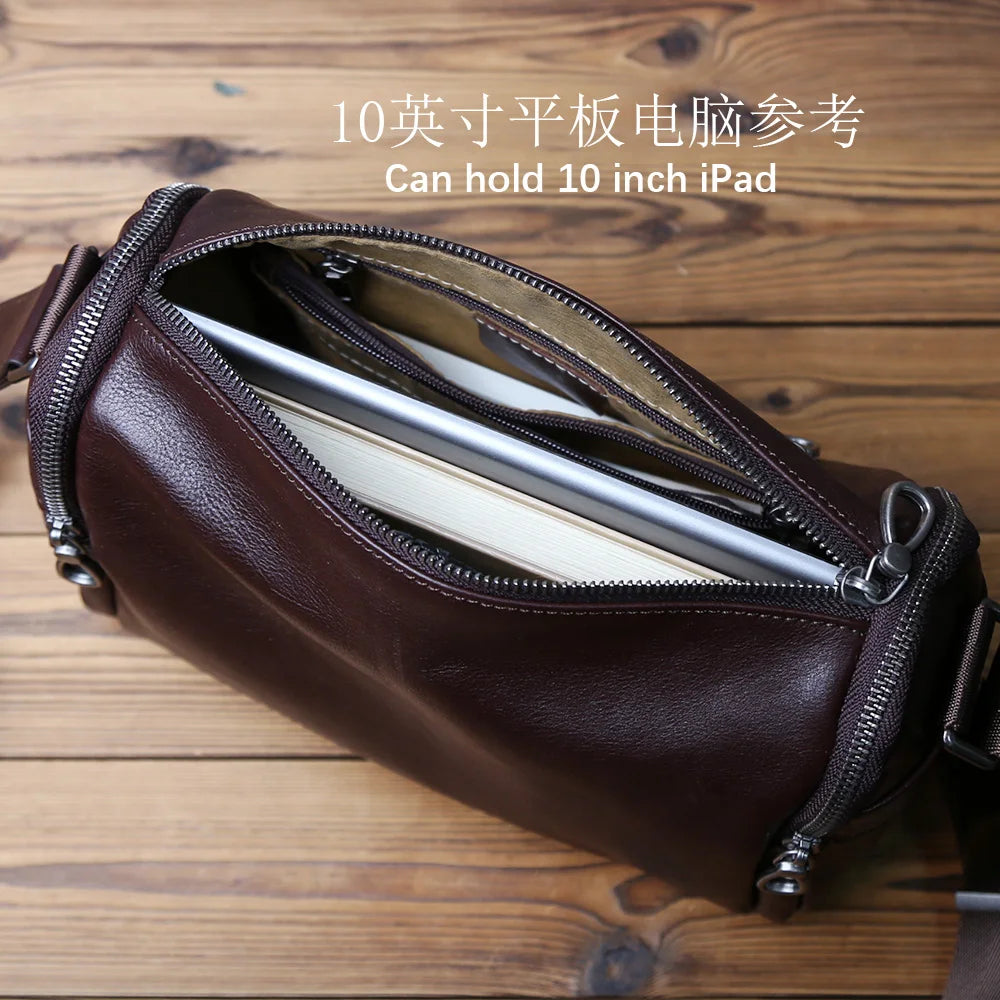 Men's Genuine Leather Shoulder Bag – Compact Natural Cowhide Crossbody, 10" iPad