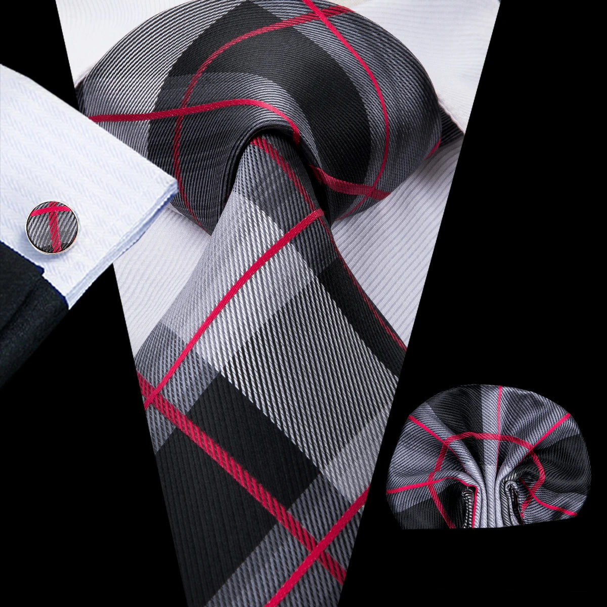 Hi-Tie Men's Silk Necktie Gift Set – Tie, Pocket Square, Cufflinks & Clip | Extended 160cm