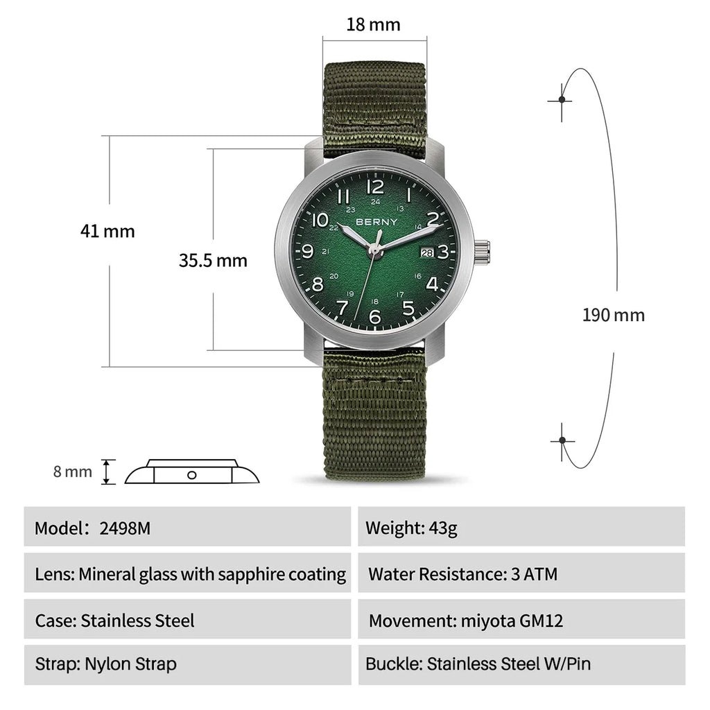 BERNY 2498M Men's Quartz Watch | Miyota GM12 | 35.5mm | Nylon Strap