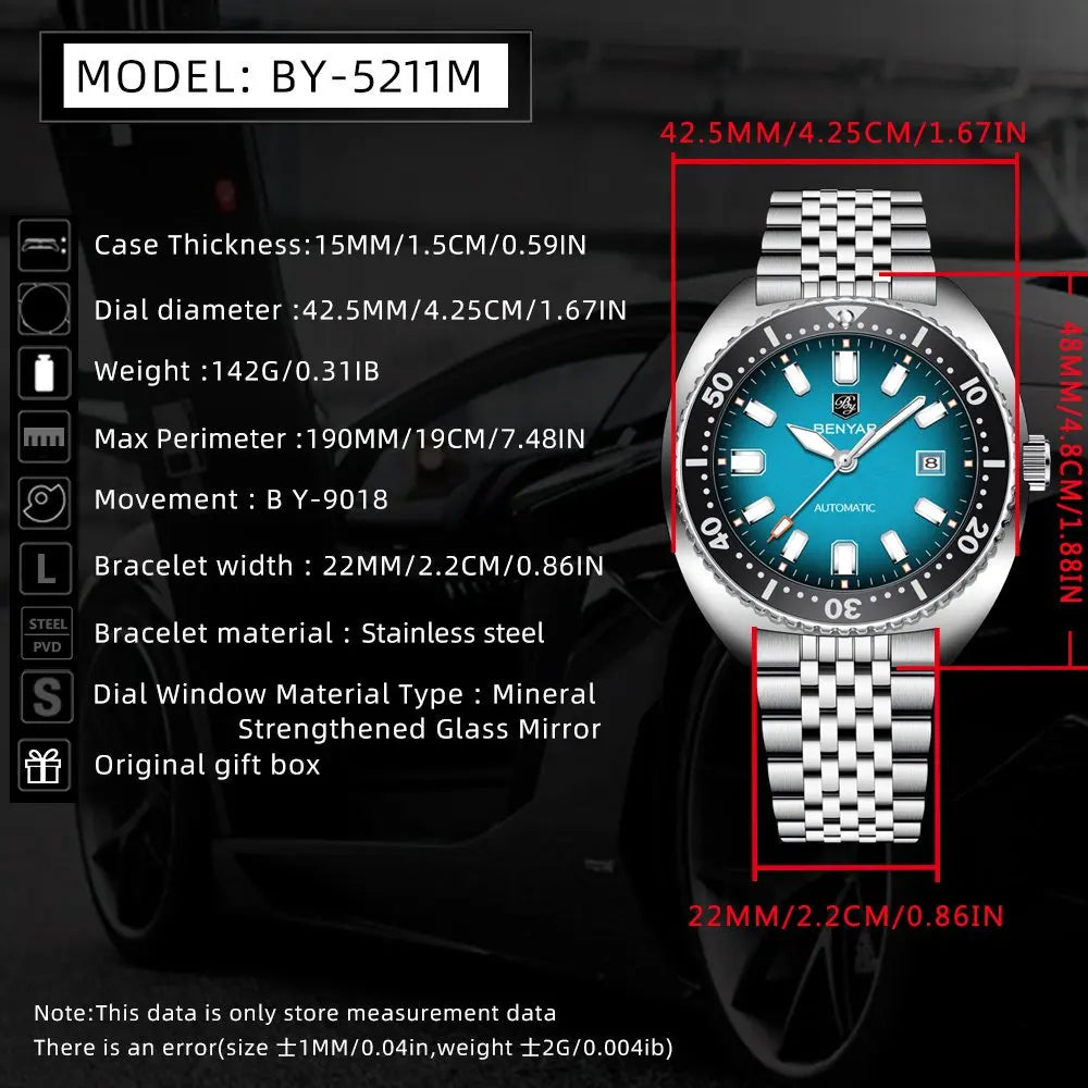 BENYAR BY-5211 Automatic Watch – Tonneau Case, Luminous Dial, Day Display, 50m Water Resistant