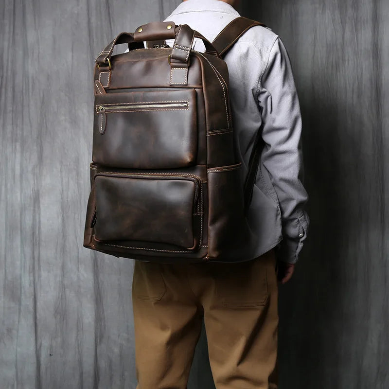 Men's Crazy Horse Leather Backpack – Retro Top-Layer Cowhide, 17" Laptop, Large Capacity