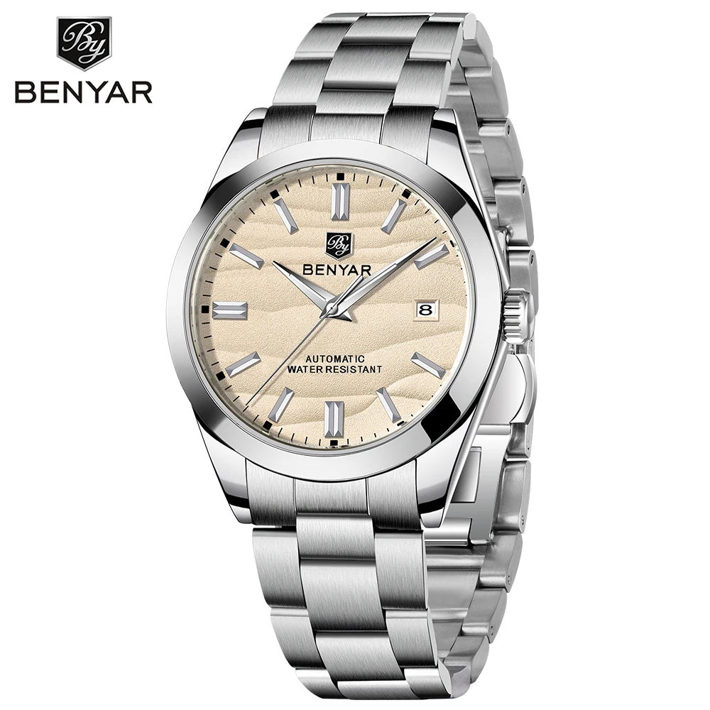 BENYAR BY-5208 Automatic Watch – Sand Grain Dial, 40mm Stainless Steel, 50m Water Resistant