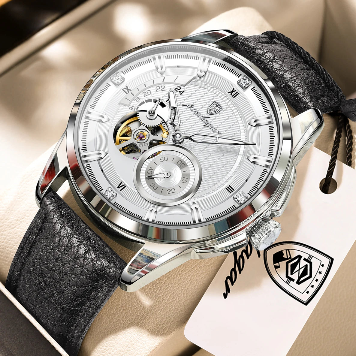 POEDAGAR High Quality Luxury Men Watch Fashion Hollow Tourbillon Man Clock Automatic Mechanical Leather Men's Watches Male Reloj