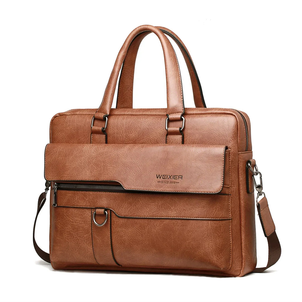 Men's PU Leather Briefcase | 14" Laptop Bag with Exterior Flap Pocket