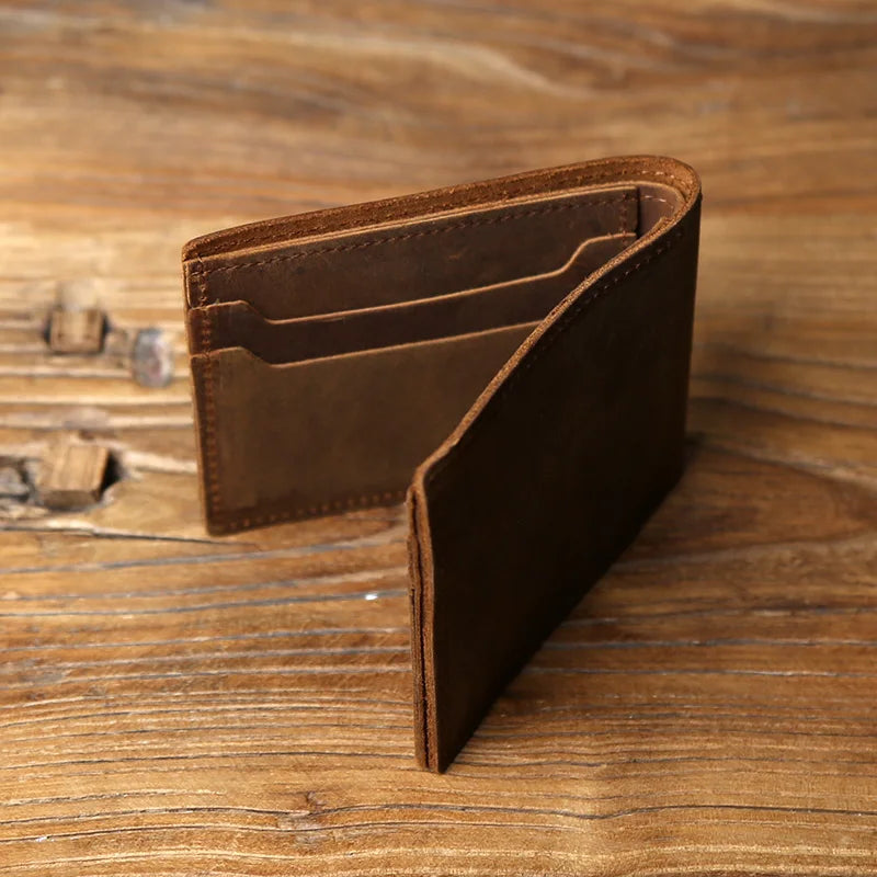 Men's Crazy Horse Leather Wallet – Slim Bifold, Top-Layer Cowhide, 6 Card Slots
