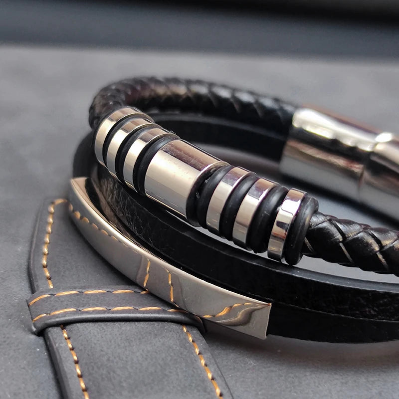 2022New MingAo Stainless Steel Beads Bracelet Fashion Men's Jewelry Classic Multilayer Leather Bracelet Homme Men Boyfriend Gift
