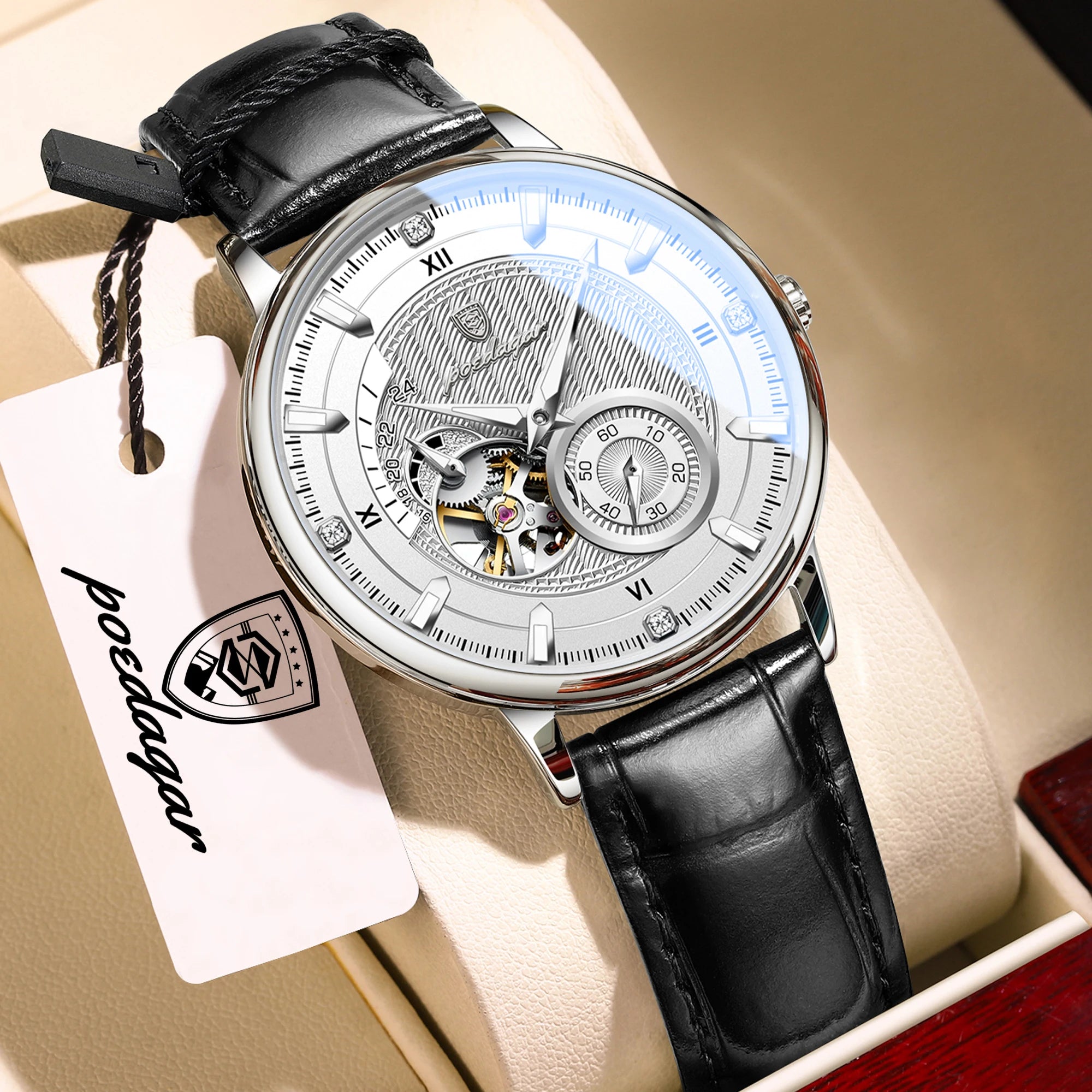 POEDAGAR Business Men Watch Waterproof Luminous Hollow Tourbillon Leather Male Clock Fashion Automatic Mechanical Men's Watches