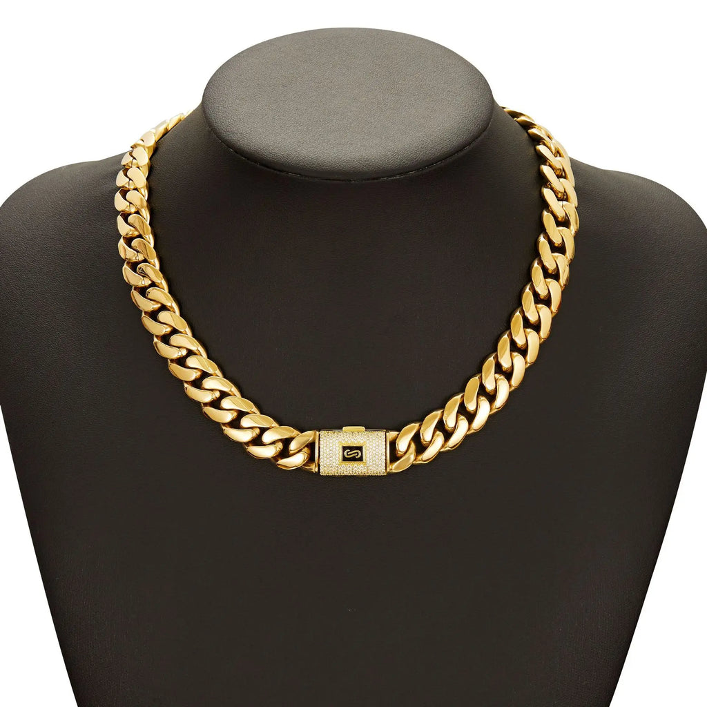 Luxury 24K 9999 Pure Gold real gold Men's Necklace Encrypted Cuban Chain Miami Chain Flip Diamond Buckle Necklace