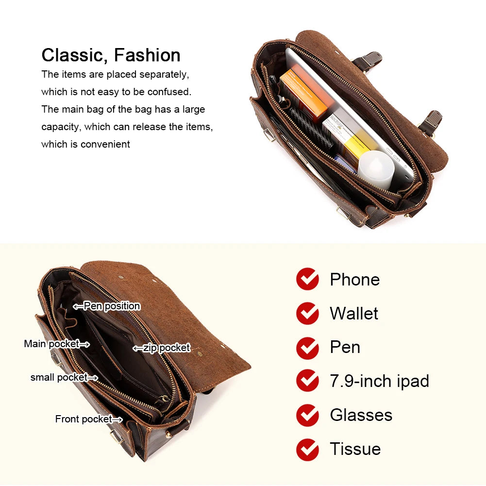 Crazy Horse Leather Messenger Bag for Men — Vintage Large Capacity Crossbody & Business Briefcase