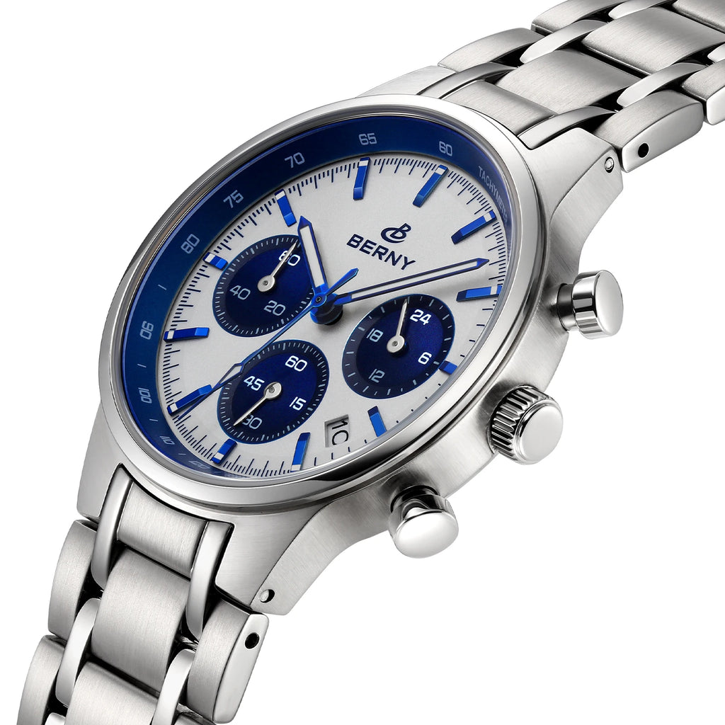BERNY 2825M Quartz Chronograph Watch – Panda Dial, Sapphire-Coated Crystal, 38mm Stainless Steel