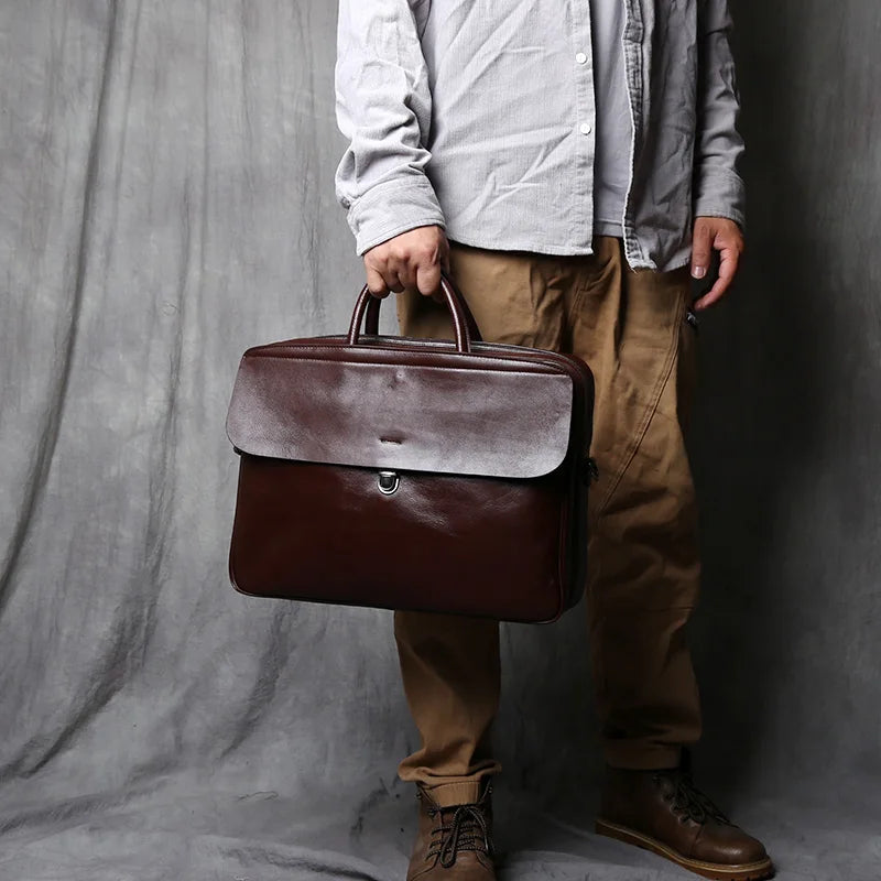Men's Genuine Leather Briefcase – Vintage Natural Cowhide, 16" Laptop & iPad Compatible