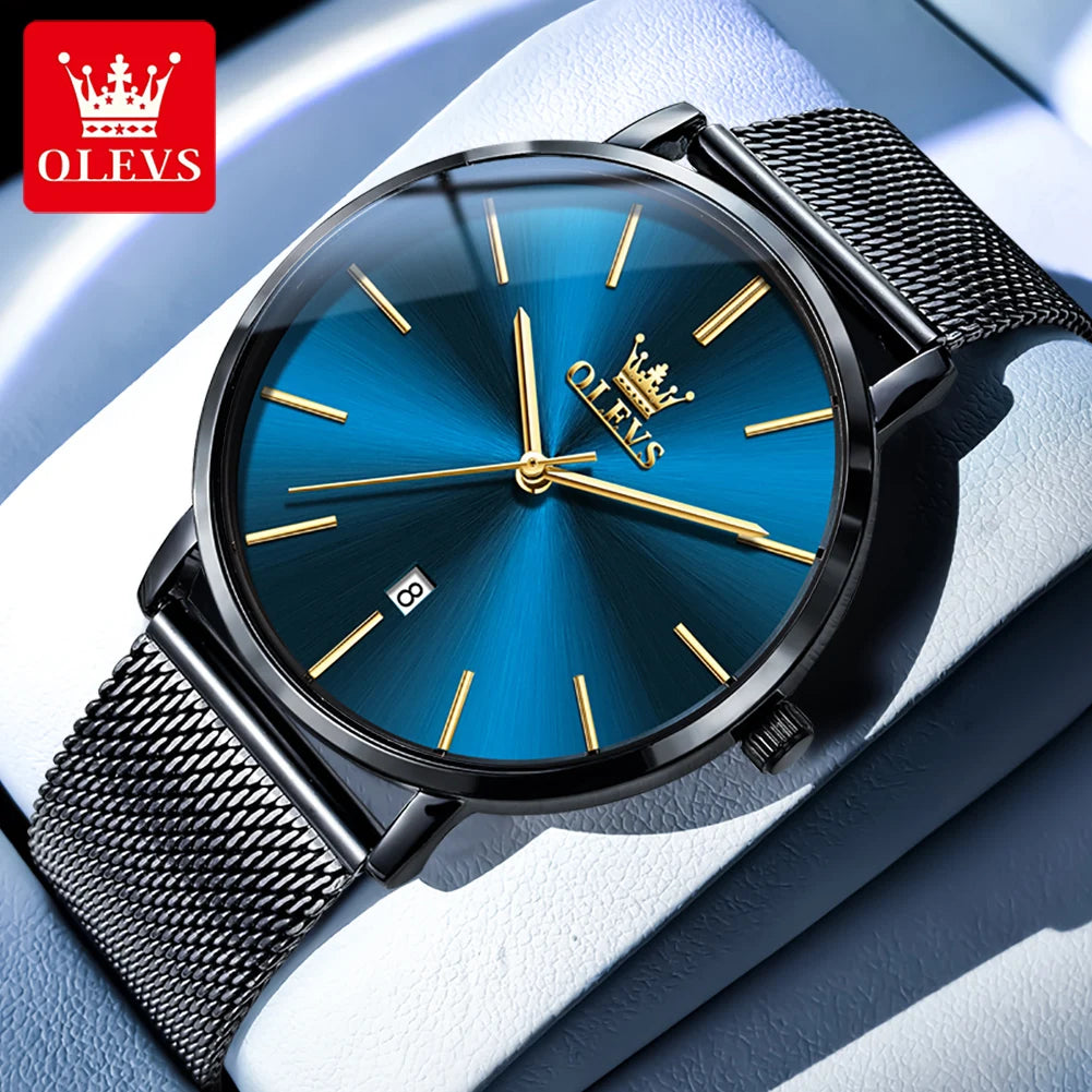 OLEVS Brand 5869 Ultra Thin 6.5mm Minimalist Fashion Quartz Watch for Men Mesh Steel Strap Auto Date Waterproof Men Wristwatches