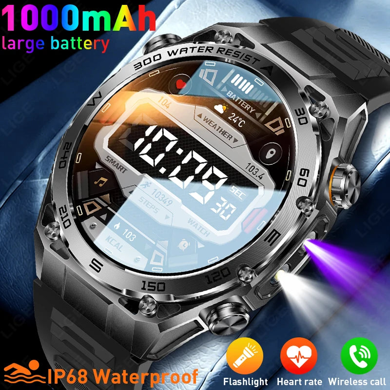 LIGE Smart Watch – 1.53" Round, 1000mAh Battery, LED Flashlight, Bluetooth Calling, IP68