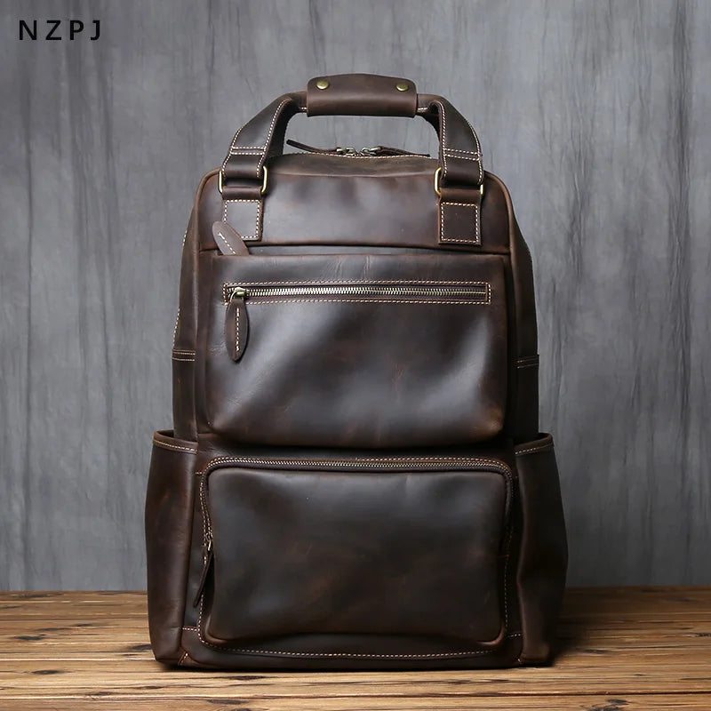 Men's Crazy Horse Leather Backpack – Retro Top-Layer Cowhide, 17" Laptop, Large Capacity
