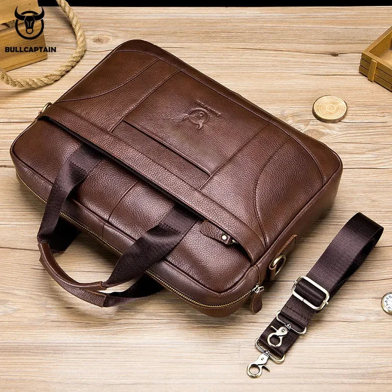 BULLCAPTAIN Genuine Leather Briefcase | 14" Laptop Bag with Detachable Shoulder Strap