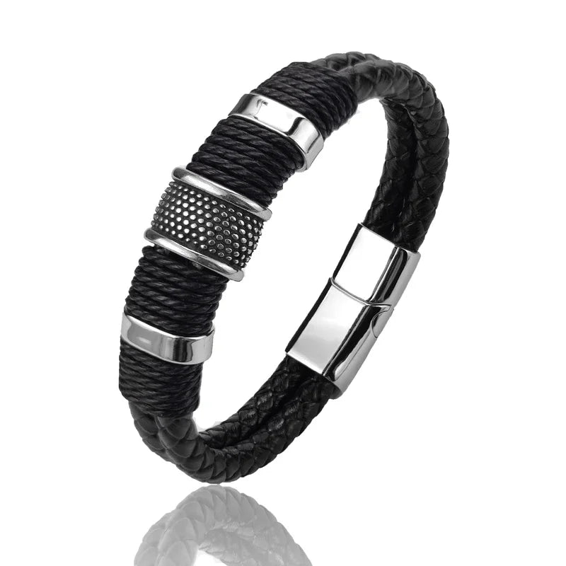 Men's Vintage Multilayer Leather Bracelet – Stainless Steel Bead Bangle