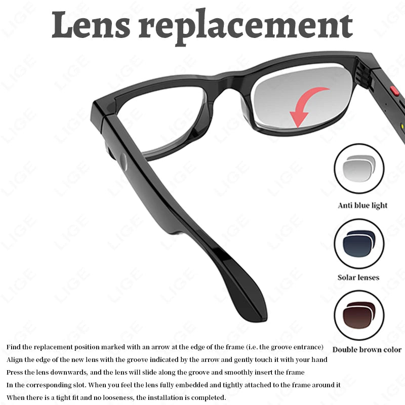 LIGE AI Smart Glasses – 1080P Camera, 32GB, Wi-Fi Transfer, AI Translation, 3 Lens Pairs
