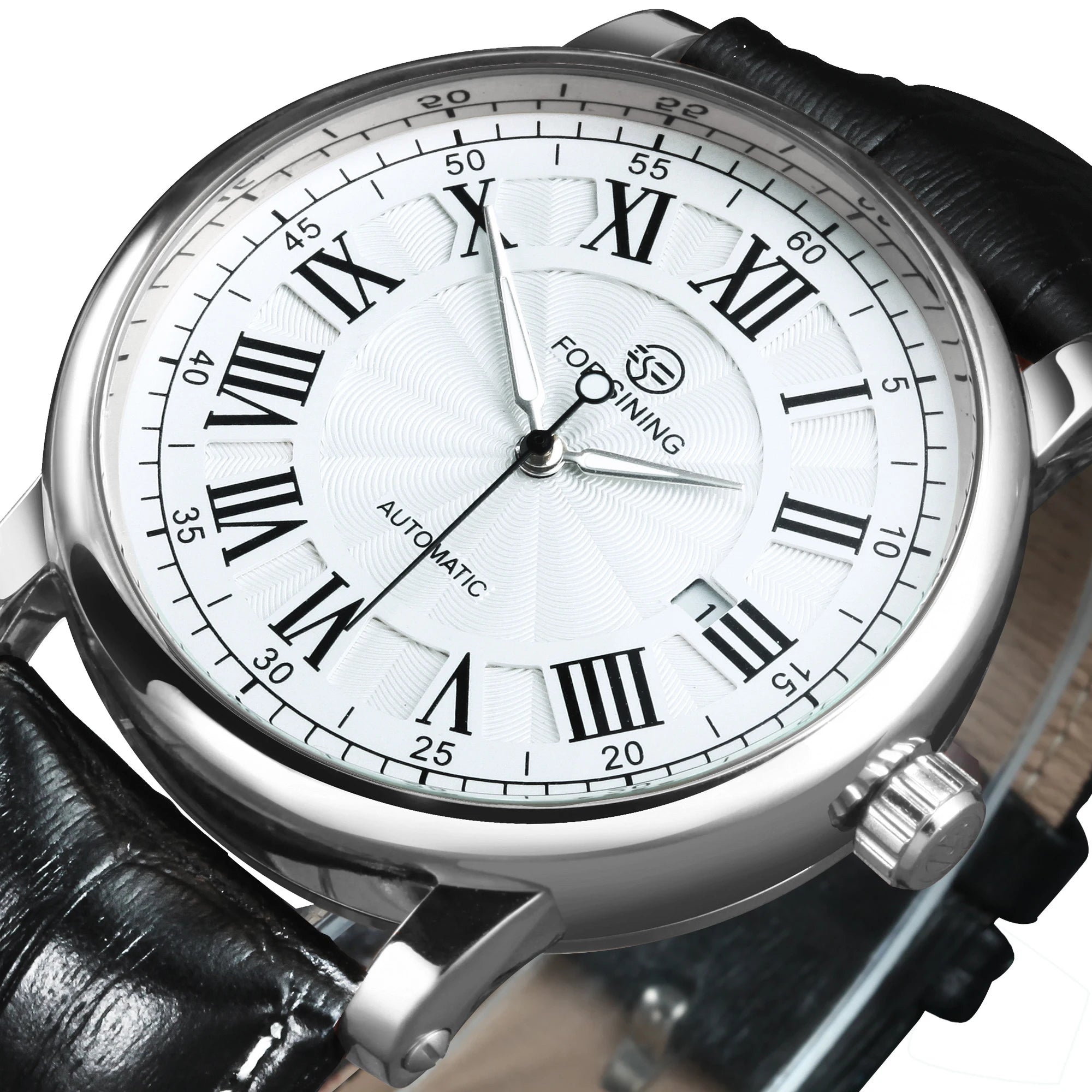 Forsining 279 Automatic Watch – Roman Numeral Dial, Leather Strap, Luminous Hands, Date Display