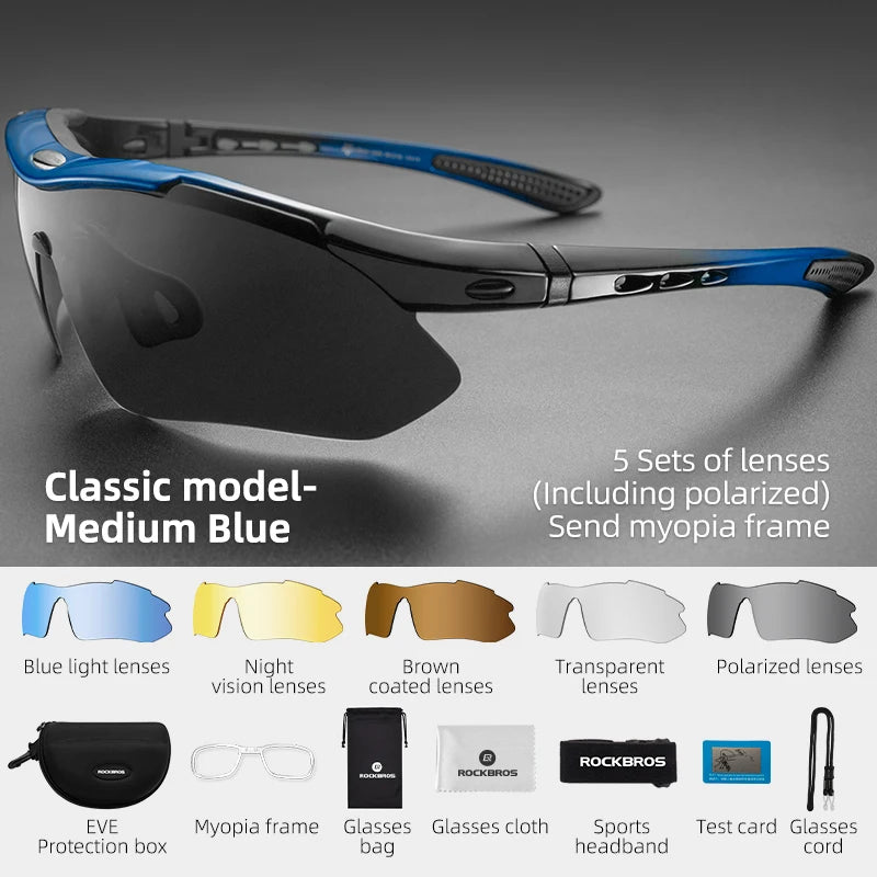 ROCKBROS Photochromic Polarized Cycling Sunglasses MTB PC Outdoor Sports Goggles 3/5 Lens Bicycle Riding Accessories