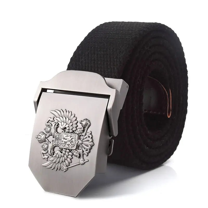 Men's Canvas Military Belt – Russian Emblem Silver Buckle
