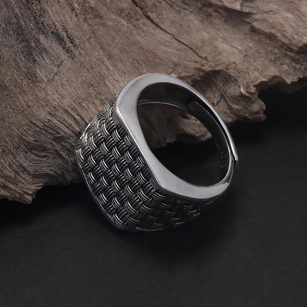 925 Sterling Silver Vintage Braided Square Statement Ring for Men Thai Silver Retro Cool Punk Fashion Jewelry Accessories