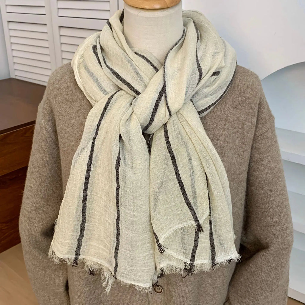 Cotton Linen Striped Scarf – Oversized 200cm, Neutral Tones