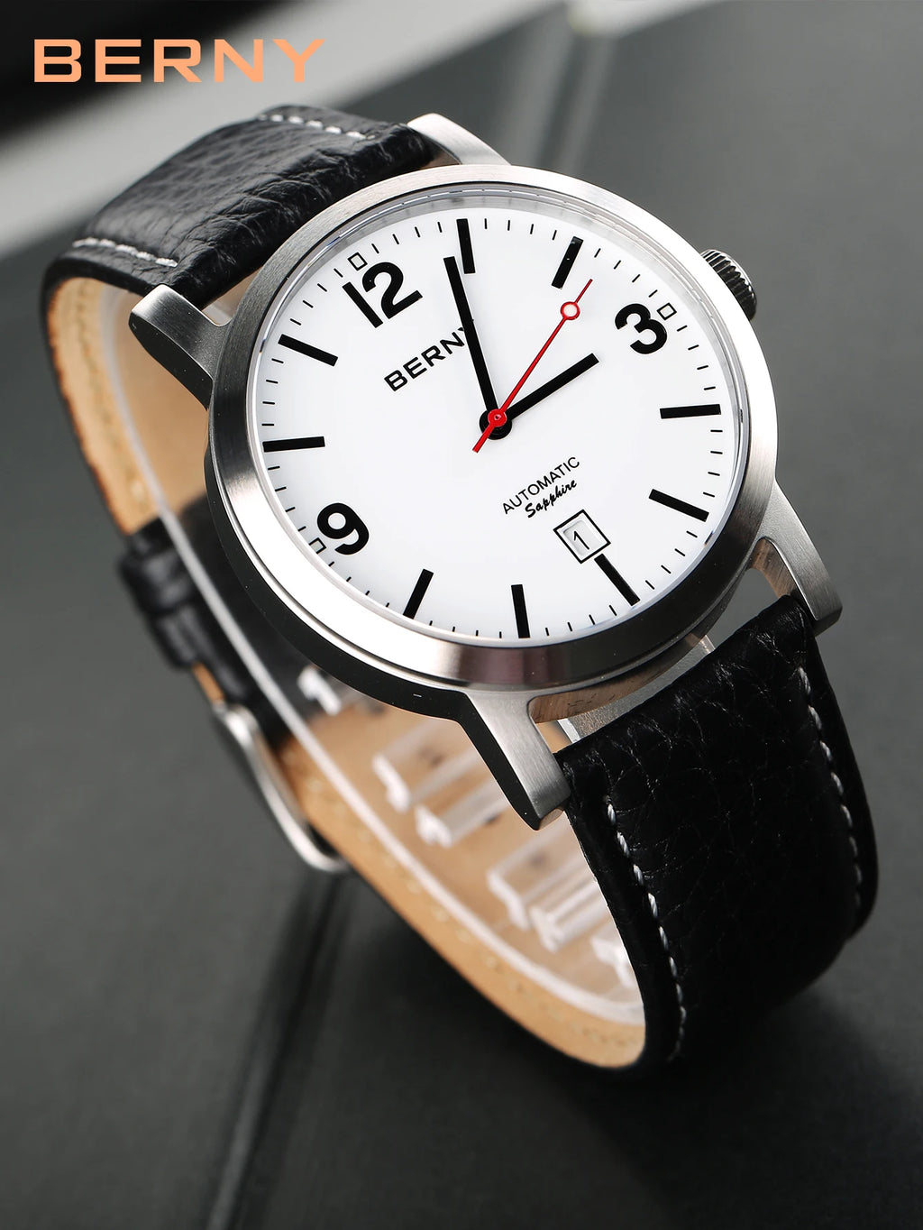 BERNY AM038M Automatic Watch – Seagull ST1612, Sapphire Crystal, Leather Strap, 50m Water Resistant