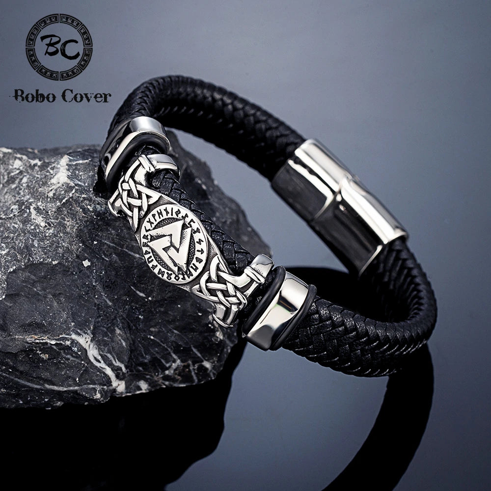 Vintage Handmade Norse Runes Valknut Bracelet Men Stainless Steel Vikings Celtic Knot Amulet Leather Bangle Scandinavian Jewelry