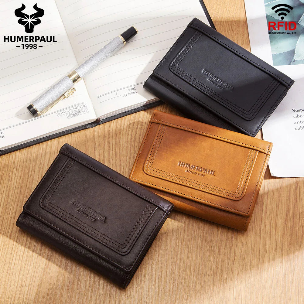 HUMERPAUL Genuine Leather Trifold Wallet – RFID Blocking, Coin Pocket & Card Holder