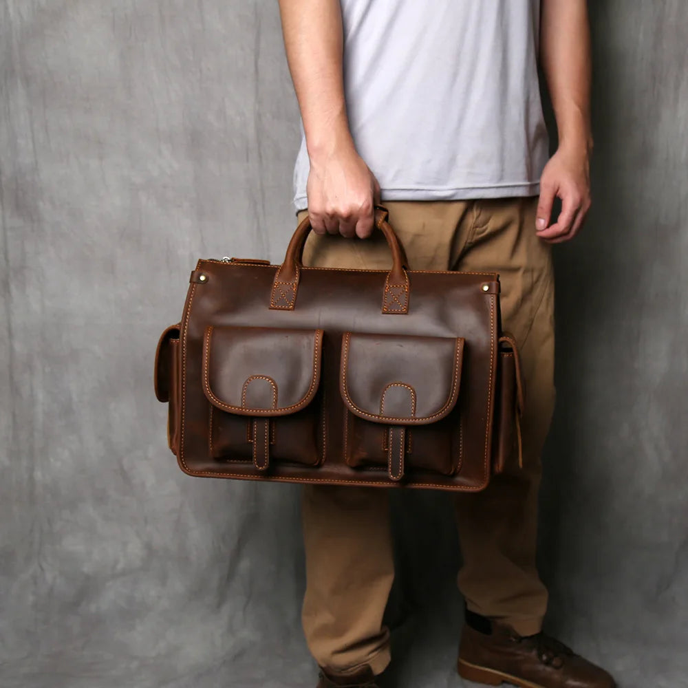 Men's Crazy Horse Leather Briefcase – Hard Structured Satchel, Rivet Detail, 16" Laptop