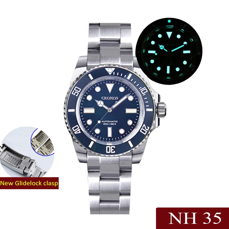 Cronos L6015 40mm Dive Watch – NH35, Ceramic Bezel, BGW9 Lume, 200m, Glidelock Clasp