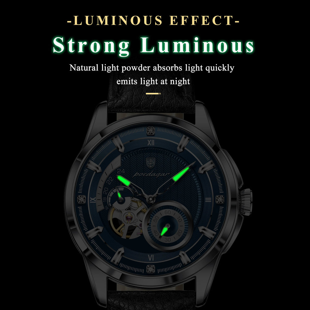POEDAGAR High Quality Luxury Men Watch Fashion Hollow Tourbillon Man Clock Automatic Mechanical Leather Men's Watches Male Reloj