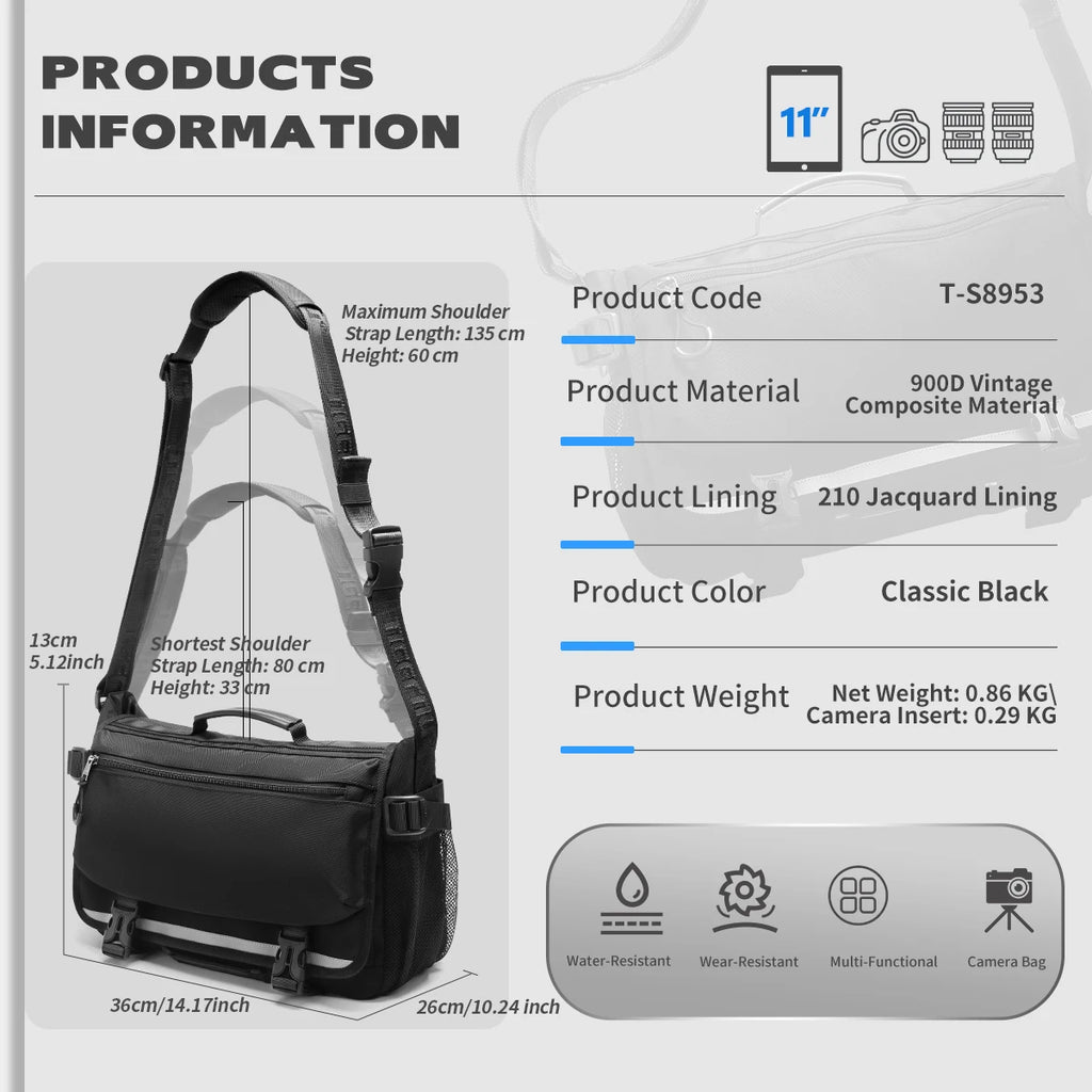 Tigernu Waterproof Shoulder Bag – Camera Bag or Messenger, 10L, Detachable Dividers