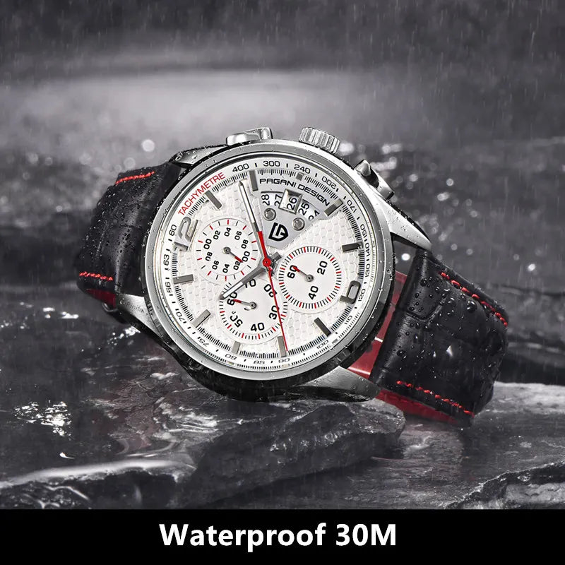 Pagani Design RPD-3306 Quartz Chronograph Watch – 44.5mm, Leather Strap, Date Display
